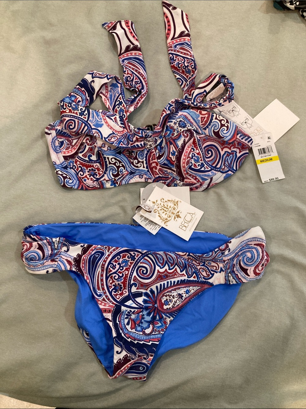 BECCA Blue and Red Paisley Bikini Set size M